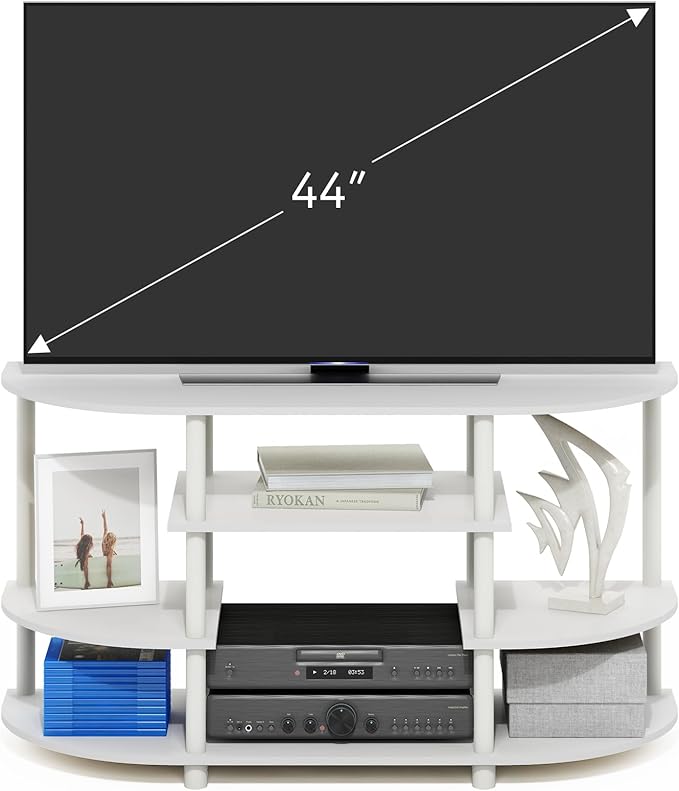 Furinno Jaya TV Stand, 4-Tier Toolless Assembly Corner Entertainment Center with Round Edges, TV Console for TV up to 44 Inch, Open Shelf Design, for Living Room, Bedroom, White
