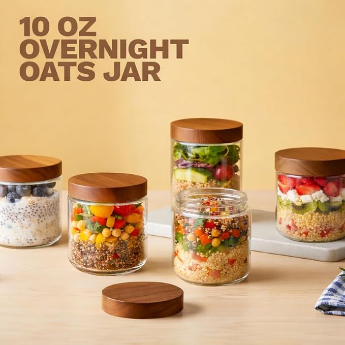 Bumobum 10 oz Glass Mason Jars with Lids, Glass Container with Acacia Wood Airtight Lid, Wide Mouth Canisters for Chia Pudding Loose Tea Coffee Meal Prep Parfait Salad Snacks Yogurt Spice, 2-Pack