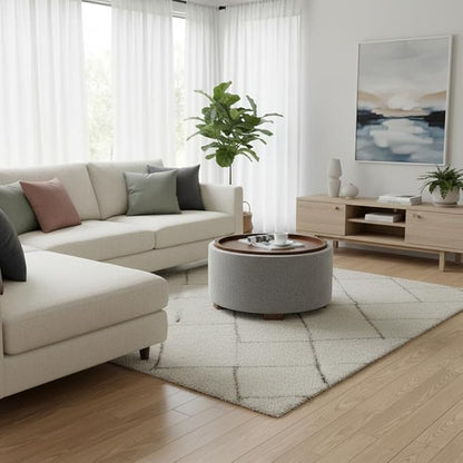 Zihanhome 30 Inch Round Storage Ottoman Coffee Table, Modern Boucle Ottoman with Lift-Off Lid and Solid Wood Legs for Living Room, Bedroom, Corners, Apartments (Light Grey)
