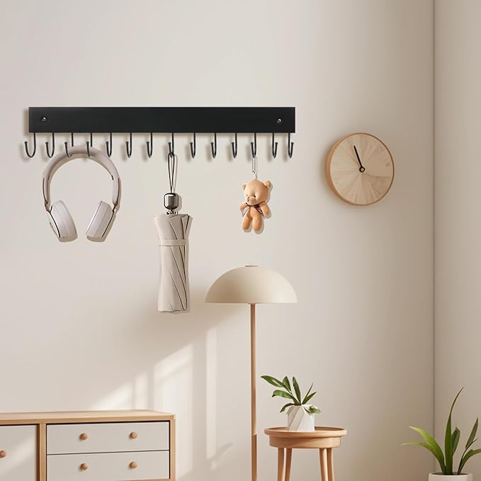 2Pack Key Holder Wall Mount with 28 Rotating 180° Key Hooks, 14.6" Rustproof Organizer Hanger for Apartment Decor, Wall Storage Rack for Entryway, Living Room, Hallway, Bathroom, Kitchen(Black)