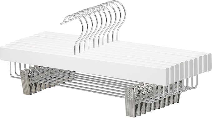 Amazon Basics Durable Wooden Pants and Skirt Hangers with Clips - White, 10-Pack