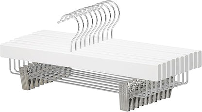 Amazon Basics Durable Wooden Pants and Skirt Hangers with Clips - White, 10-Pack