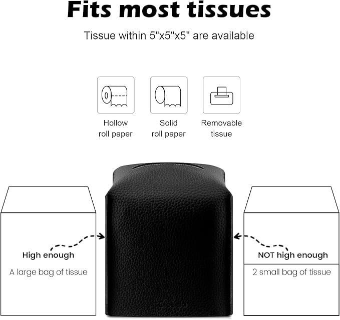 Tissue Box Cover, Tclouda, Modern PU Leather Square Tissue Box Holder for Creative Decorative, 2 Pack, Ideal for Bathrooms/Office/Car/Nightstand/Outdoor Tent/Dining Table, 5"X5"X5", Double Black