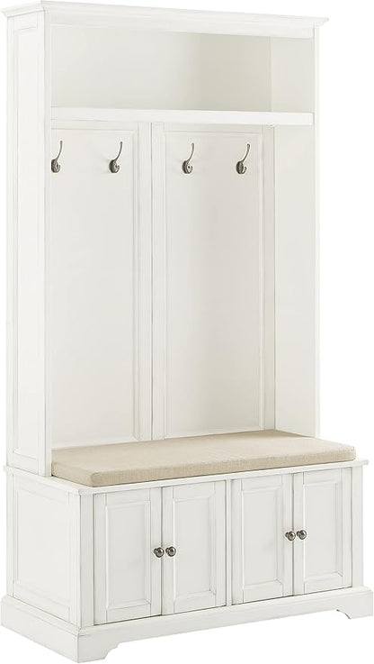Crosley Furniture Holbrook Hall Tree with Shoe Rack Bench and Coat Hooks for Hanging Storage, Distressed White