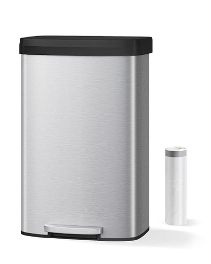 Garvee 21 gal / 80 L Stainless Steel Trash Can with Lid, Large Garbage Can for Kitchen, Rustproof Step-on Kitchen Metal Trash Bin with Liner Rim, Rear Handle, Soft Close Plastic Lid, Silver