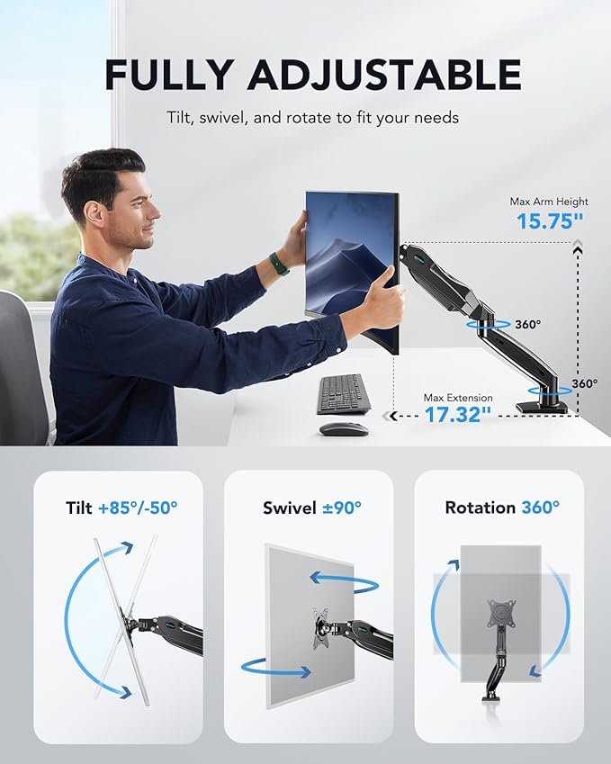 HUANUO FlowLift™ Single Monitor Mount, 13 to 32 Inch Monitor Arm, Adjustable Monitor Stand, Vesa Mount with Clamp and Grommet Base - Fits 4.4 to 19.8lbs LCD Computer Monitors
