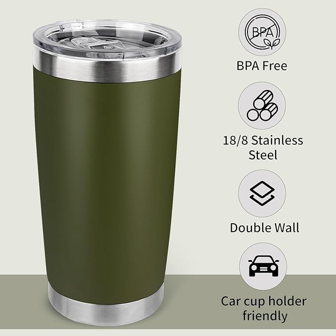 20oz Stainless Steel Tumbler Bulk with Lid, Travel Mug - Double Wall Vacuum Powder Coated Cup - Army Green, 6 Pack