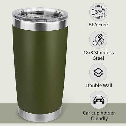 20oz Stainless Steel Tumbler Bulk with Lid, Travel Mug - Double Wall Vacuum Powder Coated Cup - Army Green, 6 Pack