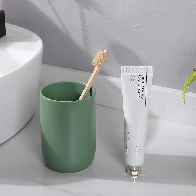 Toothbrush Holders for Bathrooms - 2 Cups Ceramic Toothbrush Toothpaste Holders Set, Green Bathroom Tumbler Cups Reusable Toothbrush Mouthwash Cup, Bathroom Counter Organizer.