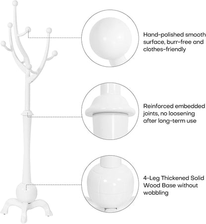 Bekrvio Freestanding Wood Coat Rack with Stable Sphere Base, White | 8 Hooks Tree Branch Design, Heavy Duty Standing Coat Hanger for Entryway, Hallway, Bedroom, Foyer; Hangs Coats, Hats, Bags