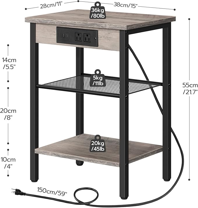 HOOBRO Side Table with Charging Station and USB Port, Small End Table for Small Space, 3-Tier Nightstand with Adjustable Shelf, for Living Room, Bedroom and Balcony, Greige BG112BZ01