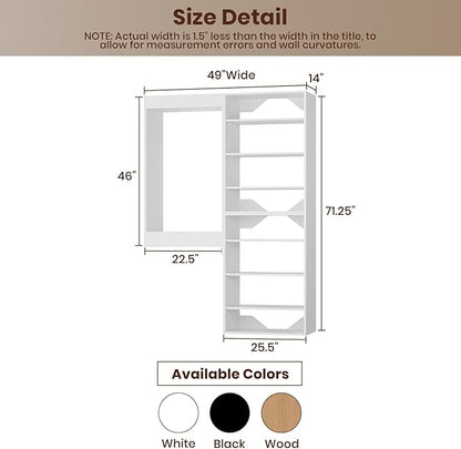 ROOMTEC Modular Closet System, 49" Wall-Mounted Closet Organizer with Hanging Rods and Shelves, Wooden Tower for Walk-In Closets, Wardrobe Storage Kit, White