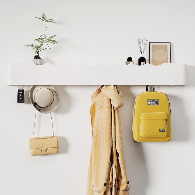 Coat Rack Wall Mount with Shelf 8 Hidden Hooks Modern Wooden Key Holder Entryway Organizer for Hallway Bedroom Bathroom Home Decor Storage for Hanging Coats Hats Bags Towels, Wave-Shape White