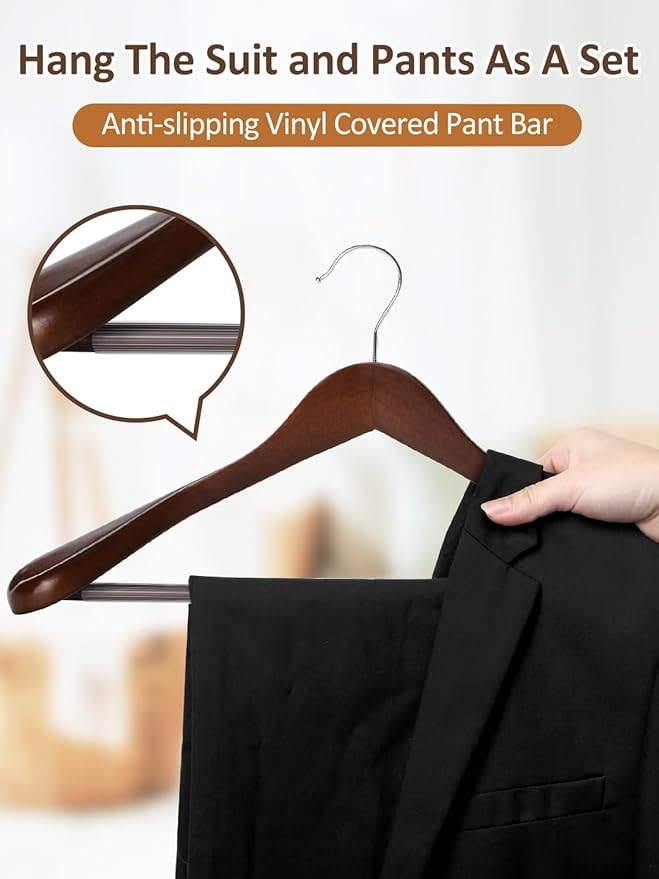 AMKUFO Wide Shoulder Wooden Hangers 8 Pack Coat Hanger with Non Slip Pants Bar, Heavy Duty Suit Hanger Wood Clothes Hangers with Smooth Finish 360° Swivel Hook for Sweater Jackets Shirts Walnut