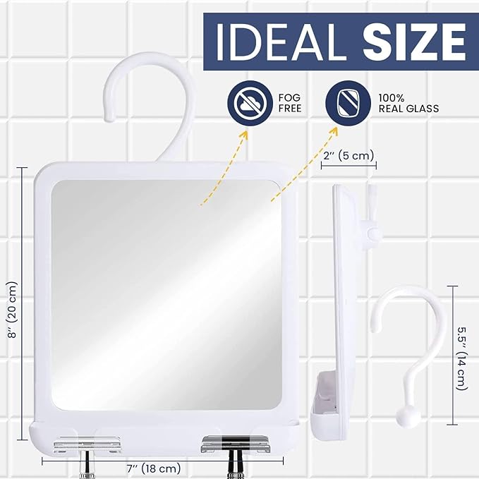 Real Glass Hanging Shower Mirror for Distortion-Free Shaving - Fogless Mirror with Razor Holder, 360° Adjustable Hook - Fill Back Reservoir with Hot Water for Anti-Fog Shave (8" x 7", White)