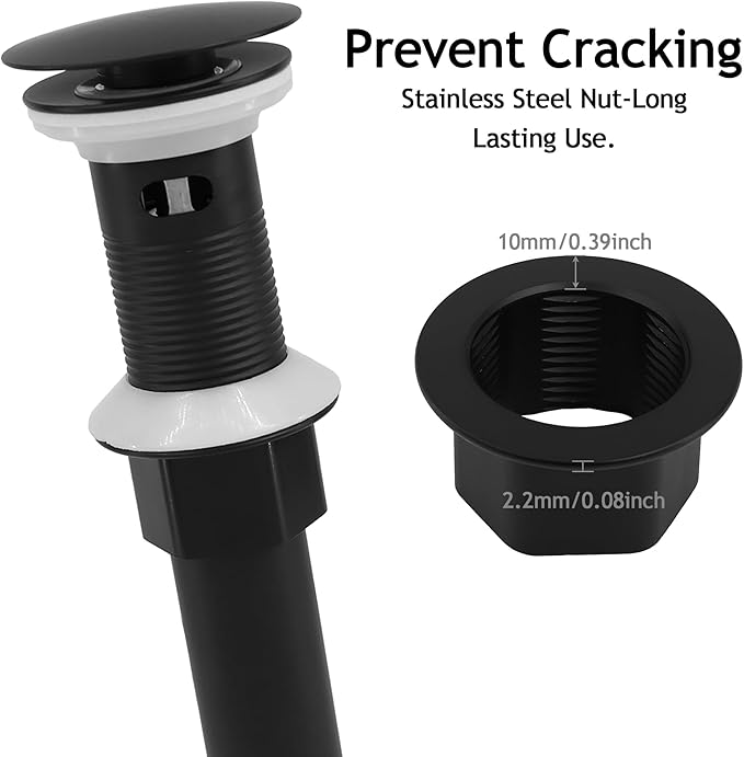 Bathroom Sink Drain,2 Pack Drain Stopper with Overflow,Pop Up Drain Assembly with Detachable Strainer Basket,Built-in Anti-Clogging, Stainless Steel Nut Mattle Black