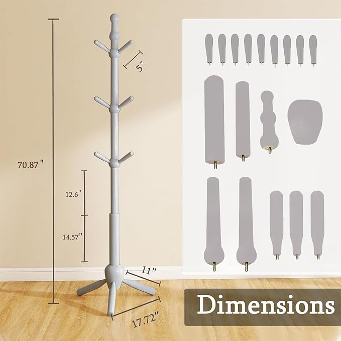 Solid Wood Coat Rack Stand, Vintage Heavy Duty Coat Hanger Stand with 9 Hooks, 3 Adjustable Size Sturdy Coat Tree for Living Room, Entryway, Office, Hallway, Grey