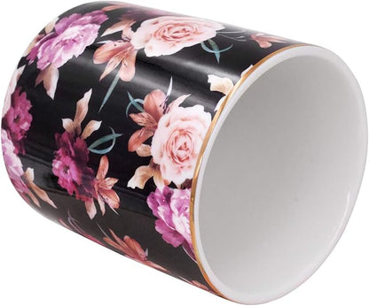 WAVEYU Pen Holder for Desk, Pencil Cup Holder, Cute Floral Makeup Brush Holder Durable Ceramic Flower Design Desk Pencil Organizer for Office, Classroom, Black