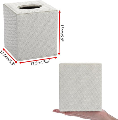 Sumnacon Tissue Box Cover Square Tissue Box Stylish PU Woven Lozenge Pattern Tissue Box Holder with Magnetic Bottom,Cube Leather Tissue Cover for Living Room Bathroom Table Desk Home Office Car,White