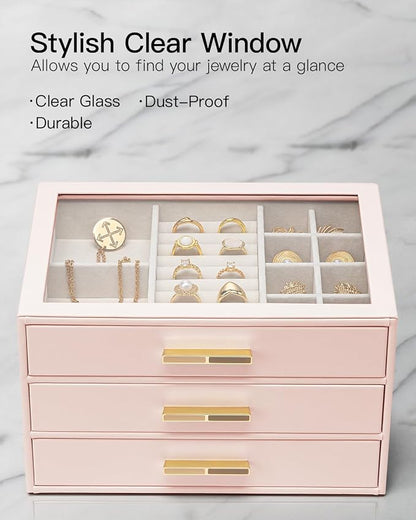 VLANDO Jewelry Box for Women, Glass Lid Jewelry Organizer with 3 Drawers for Necklaces Rings Earrings Bracelets Mother Day Gift for Mom - Dark Pink
