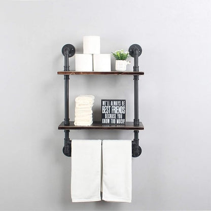 Industrial Pipe Shelf Bathroom Shelves Wall Mounted,19.6in Rustic Wood Shelf with Towel Bar,2 Tier Farmhouse Towel Rack Over Toilet,Pipe Shelving Floating Shelves Towel Holder,Retro Black