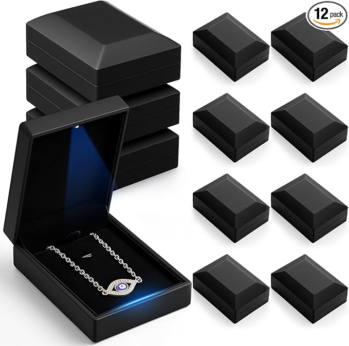 Yinkin 12 Pcs Black Velvet Jewelry Boxes LED Light Display Ring Necklace Bracelet Chain Gift Box Bulk Wedding Proposal Anniversary (Pendant Box,Square)