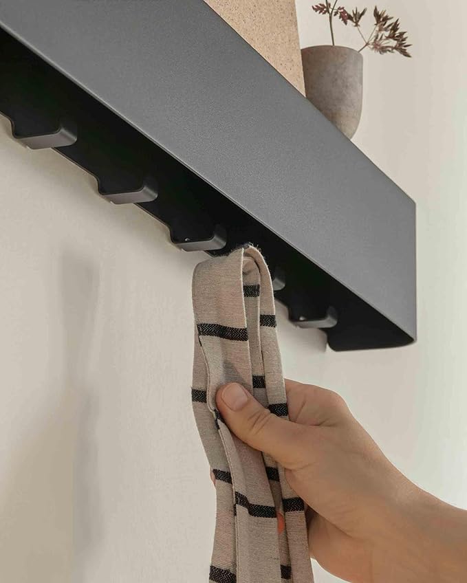 Kazai.® Coat Rack Wall Mount with Shelf 'Tone' | Modern Design Coat Hanger with Hidden Hooks and Storage | Hat Rack with Shelf in Metal | Wall-Mounted Purse Organizer | Black