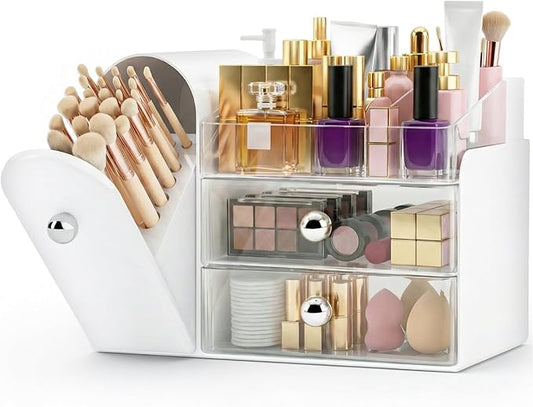 Makeup Organizer,Vanity Organizer with Makeup Brush Holder,Large Skincare Organizers with Drawers,Bathroom Countertop Organizer,Storage Lipstick,Perfume,Nail Polish,Beauty,Gifts for Woman