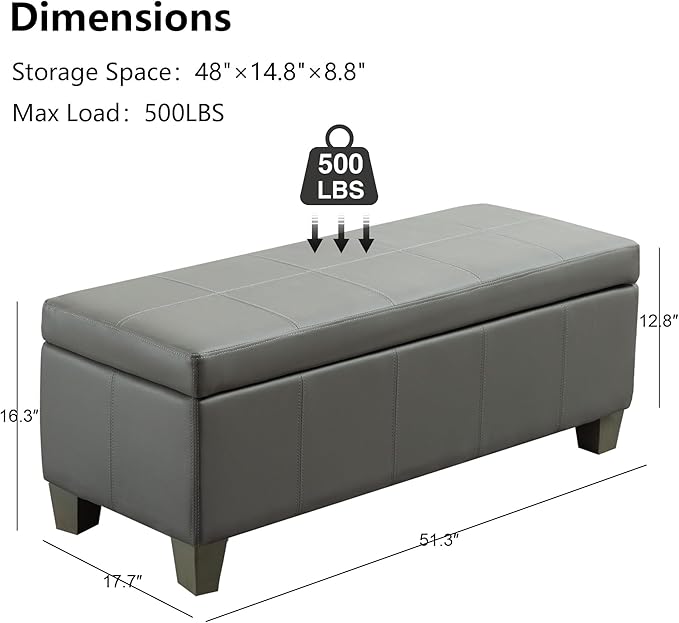51 Inch Storage Ottoman, Storage Bench with Safety Hinge, Upholstered Synthetic Leather Ottoman Bench for Bedroom, Living Room, Entryway, Hallway, Foot Rest, Support 500lbs