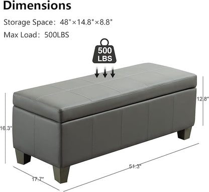 51 Inch Storage Ottoman, Storage Bench with Safety Hinge, Upholstered Synthetic Leather Ottoman Bench for Bedroom, Living Room, Entryway, Hallway, Foot Rest, Support 500lbs