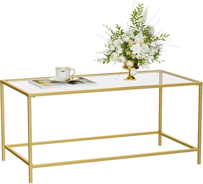 Homleke Glass Coffee Table, Modern Rectangular Coffee Table for Living Room, Minimalist Center Tea Table with Sturdy Metal Frame for Apartment, Office, Easy Assembly, 39.4 x 19.7 x 17.7 Inches, Golden