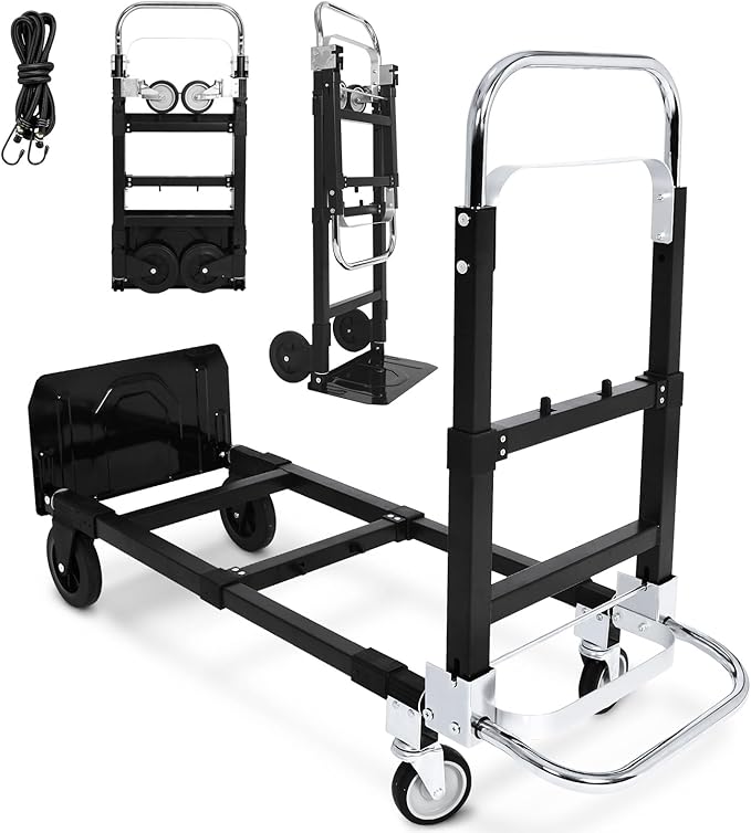 KAFLLA 3-in-1 Folding Hand Truck, 660 lbs Heavy Duty Convertible Hand Truck Dolly with Retractable Handle & 4 Rubber Wheels, Collapsible Moving Cart for Home, Office & Warehouse