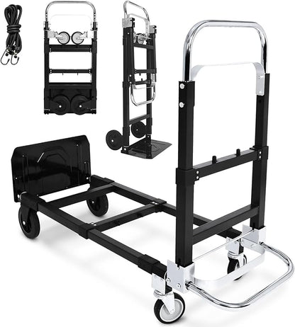 KAFLLA 3-in-1 Folding Hand Truck, 660 lbs Heavy Duty Convertible Hand Truck Dolly with Retractable Handle & 4 Rubber Wheels, Collapsible Moving Cart for Home, Office & Warehouse