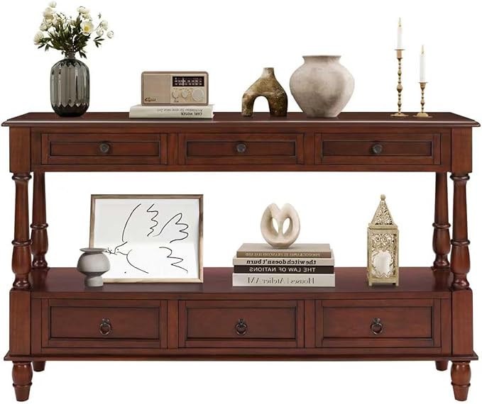 LKTART 54'' Solid Wood Console Table, Farmhouse Entryway Table with 6 Drawers and Shelf, Narrow Long Sofa Table with Storage for Living Room Hallway, Couch, Foyer (Cherry)