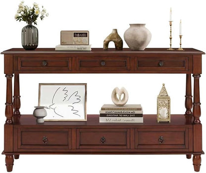 LKTART 54'' Solid Wood Console Table, Farmhouse Entryway Table with 6 Drawers and Shelf, Narrow Long Sofa Table with Storage for Living Room Hallway, Couch, Foyer (Cherry)