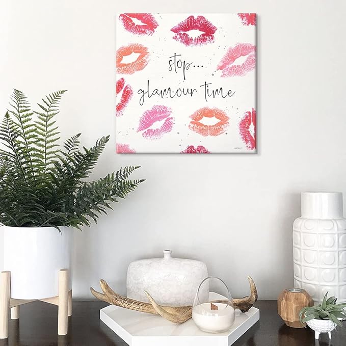 Pink Preppy Wall Decor Red Lip Canvas Wall Art Sexy Lips Painting Inspirational Quote Wall Art Kiss Posters for Bedroom Bathroom Makeup Room Decor 12x12Inch