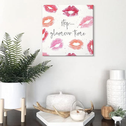 Pink Preppy Wall Decor Red Lip Canvas Wall Art Sexy Lips Painting Inspirational Quote Wall Art Kiss Posters for Bedroom Bathroom Makeup Room Decor 12x12Inch