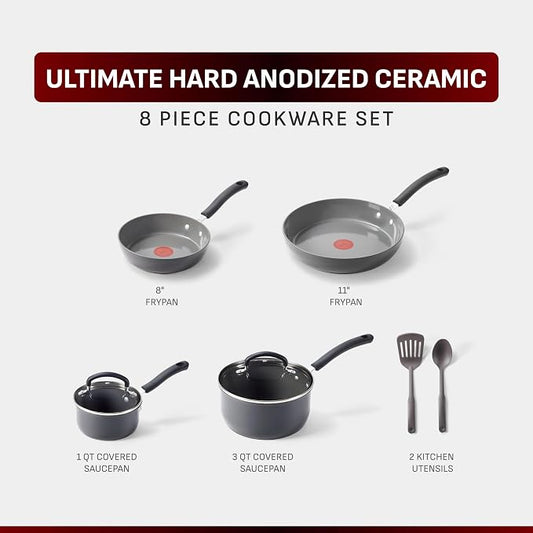 T-Fal Ultimate Hard Anodized Ceramic Nonstick 8 Piece Cookware Set, Oven Safe Up to 400°F, Dishwasher Safe, Pots and Pans Set, Includes Frying Pans, Saucepan, Cooking Utensils, Stone