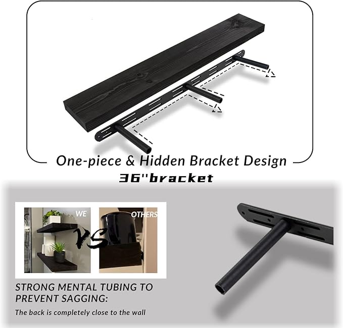 Wood Floating Shelves 36 inch Long Set of 2,8 inch deep Solid Wood Wall Mounted Shelves for Living Room Kitchen,Book Shelf for Wall with Hidden Bracket- Black