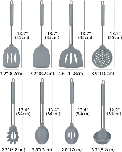 Silicone Cooking Utensil Set, 8Pcs Non-stick Cookware with Stainless Steel Handle, BPA Free Heat Resistant Kitchen Tools with Spatulas, Turnesr, Spoons, Skimer and Pasta Fork (GRAY)