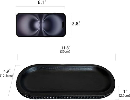 dwellington Wooden Farmhouse Decorative Tray, 12in Rustic Beaded Tray for Living Room Decor, Kitchen Table Décor, Oval Coffee Table Serving Tray (Black)