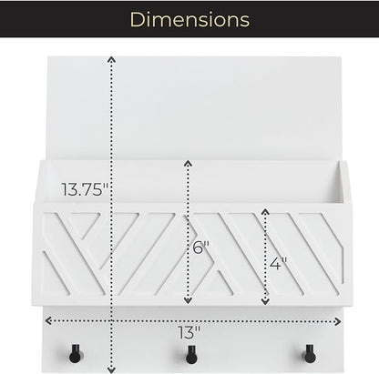 BLU MONACO | Wall Mount Key Holder with Mail Organizer | Wooden Command Center with 3 Hooks and 2-Tier Letter Pockets | Entryway Mail Sorter & Key Rack | White Geometric Wall Organizer for Office Home