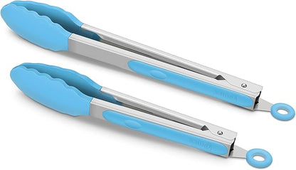 2 Pack Silicone Kitchen Tongs – 9" & 12" Set, Heat Resistant up to 500°F, Non‑Stick Cookware Safe, Wavy Silicone Tips, BPA Free, Locking Clip & Hanging Loop, Blue