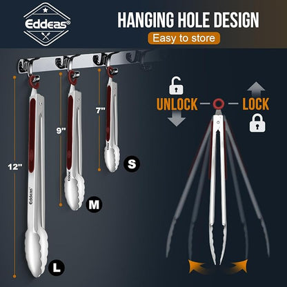 Eddeas Tongs For Cooking - 7",9" and 12 inch Kitchen Tong Heat Resistant 600 Degrees Stainless Steel Tongs, Heavy Duty Metal Locking Tong, Perfect for Food, BBQ Red Set of 3