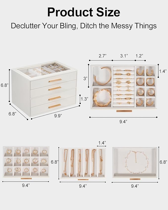GUOER Jewelry Box for Women 4 Layers, Glass Lid Jewelry Organizer with 4 Drawers Cloud White PU Jewelry Storage Case for Necklaces Rings Earrings Bracelets