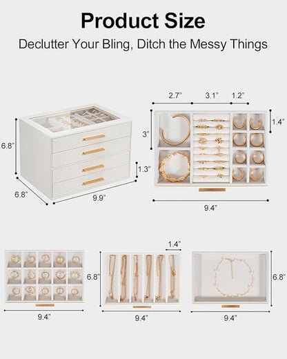 GUOER Jewelry Box for Women 4 Layers, Glass Lid Jewelry Organizer with 4 Drawers Cloud White PU Jewelry Storage Case for Necklaces Rings Earrings Bracelets