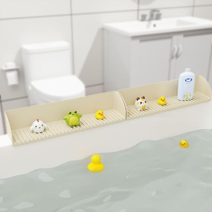 Roslim Splash Guard for Bathtub & Sink - Silicone Kids Bath Splash Guard Shelf, Bath Toy Tray Holder, Tub Water Splash Guard with 4 Suction Cups, Bathroom Accessories for Baby Bath, 1Pack, Beige