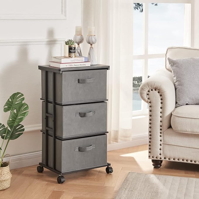 MAX Houser Dresser Tower with 3 Drawers for Bedroom, Fabric Storage Organizer Unit, Chest of Drawers with with WoodTop, Small Vertical Storage for Guest Room, Closet, Entryway(Grey)