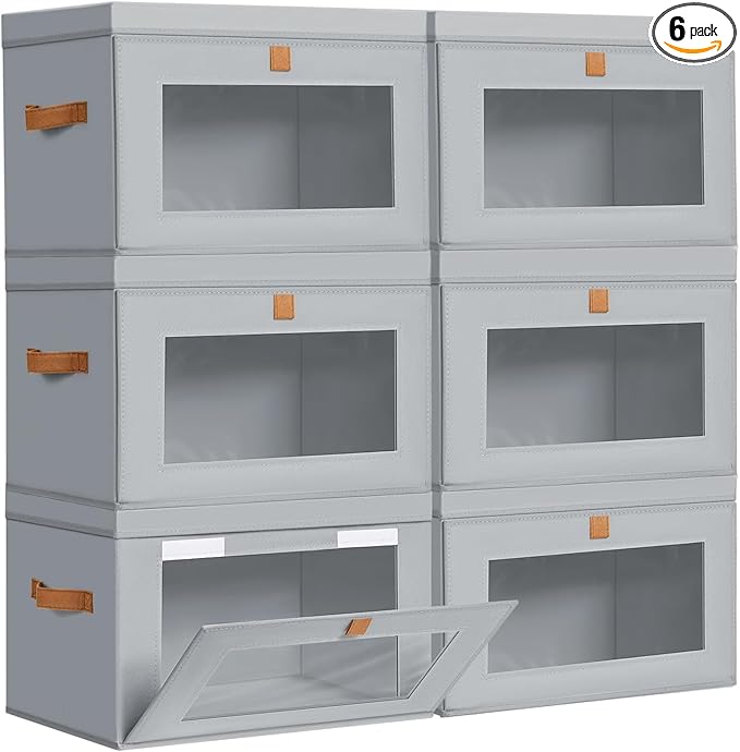 DIMJ Storage Bins with Lids - 6 Pack Fabric Closet Organizer with Window & Handles, Collapsible Decorative Storage Boxes for Shelves Under Bed, Books Clothes Blankets Sweaters Organization