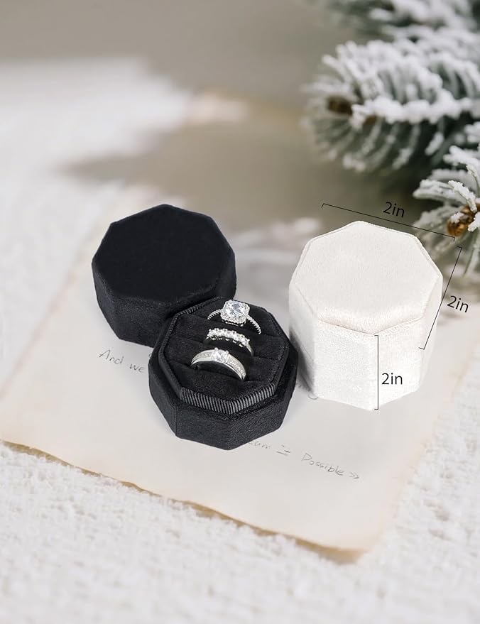 Velvet Ring Box, 3 Slots Wedding Ring Box, Vintage Octagon Premium Jewelry Display Holder Gift Box with Detachable Lid for Engagement Wedding Box Keepsake Box Bridal Photo
